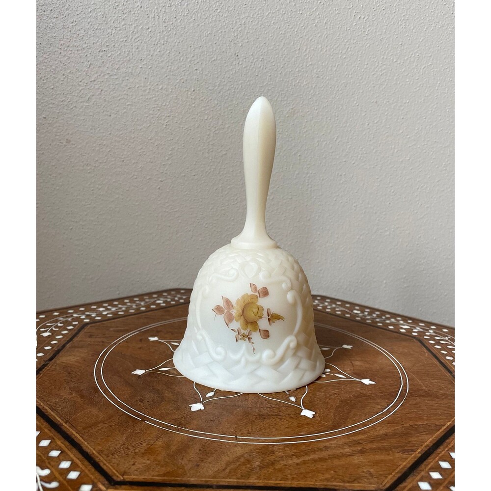 Vintage Fenton Hand Painted Bell Frosted Satin Custard Brown Rose Signed